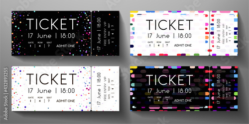 Admission ticket template set. Vector tear-off entrance ticket with circular dots and vertical colorful line on black, white background. Design template for concert event, musical event, performance