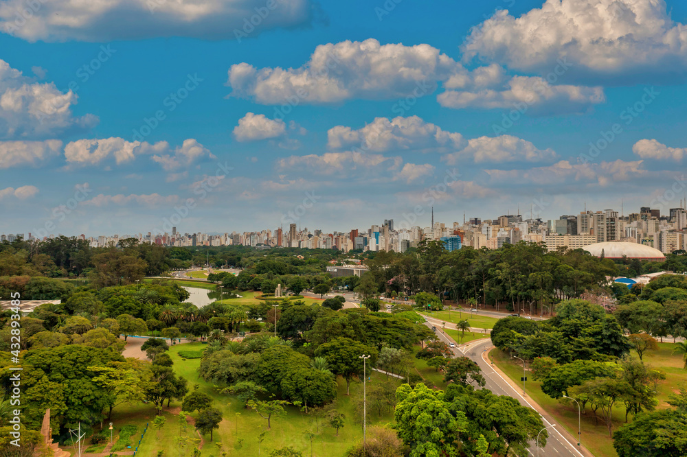 Foto aerea de São Paulo, muitas arvores e a megalopole ao fundo