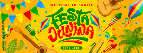 Festa Junina Brazil Festival banner template. Folklore holiday. Festa Junina calligraphy lettering with colorful flags garlands, paper lantern, fireworks on yellow background. Vector illustration.