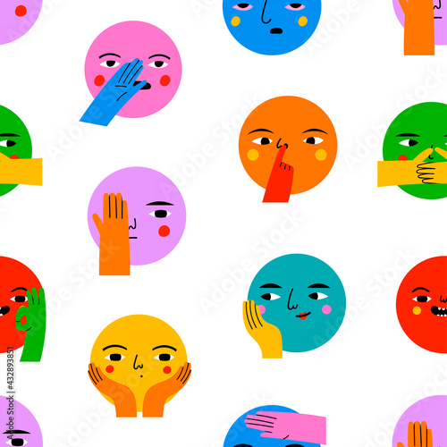 Round abstract comic Faces with various Emotions and hand gestures. Different colored characters. Cartoon style. Flat design. Hand drawn trendy Vector seamless Pattern. Background, wallpaper