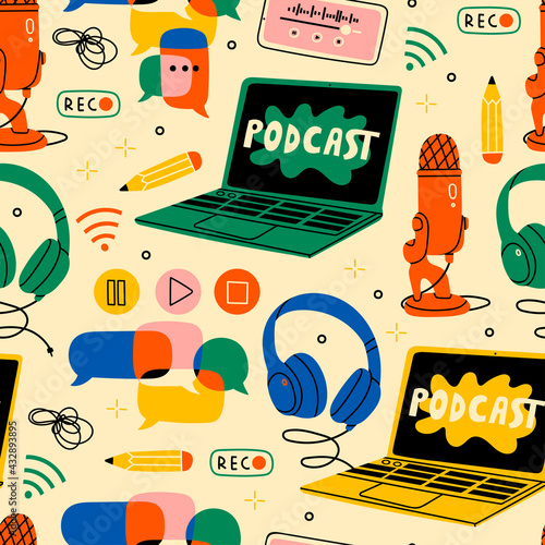 Headphones, microphone, laptop, equalizer, speech bubbles. Podcast recording and listening, broadcasting, online radio, audio streaming service Concept. Hand drawn Vector seamless Pattern