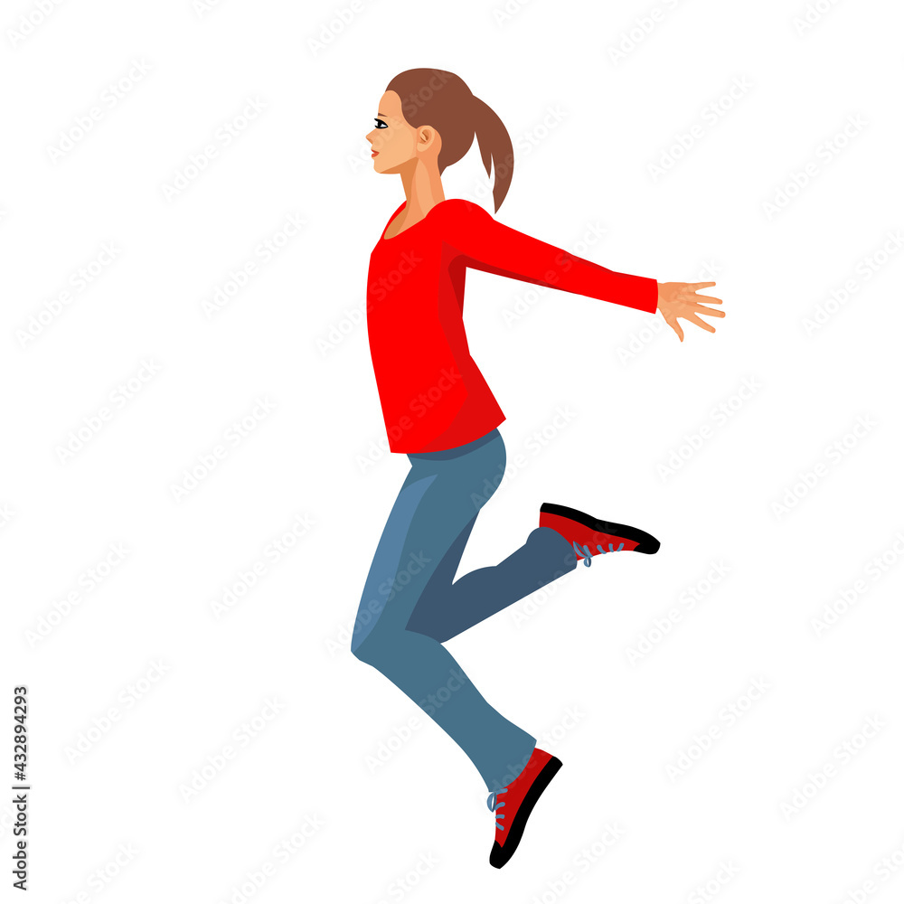 Vector isolated figure of a teenage girl jumping with her hands waving