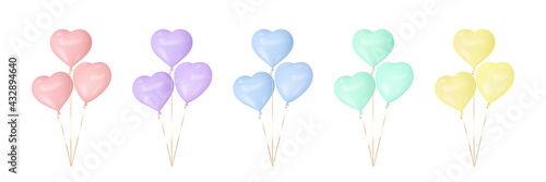 Set of colorful heart balloons. 3d glossy balloons for Valentines, Mothers, Fathers day, birthday party or wedding. Vector.