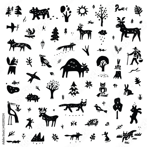 forest animals nature doodle icon set
