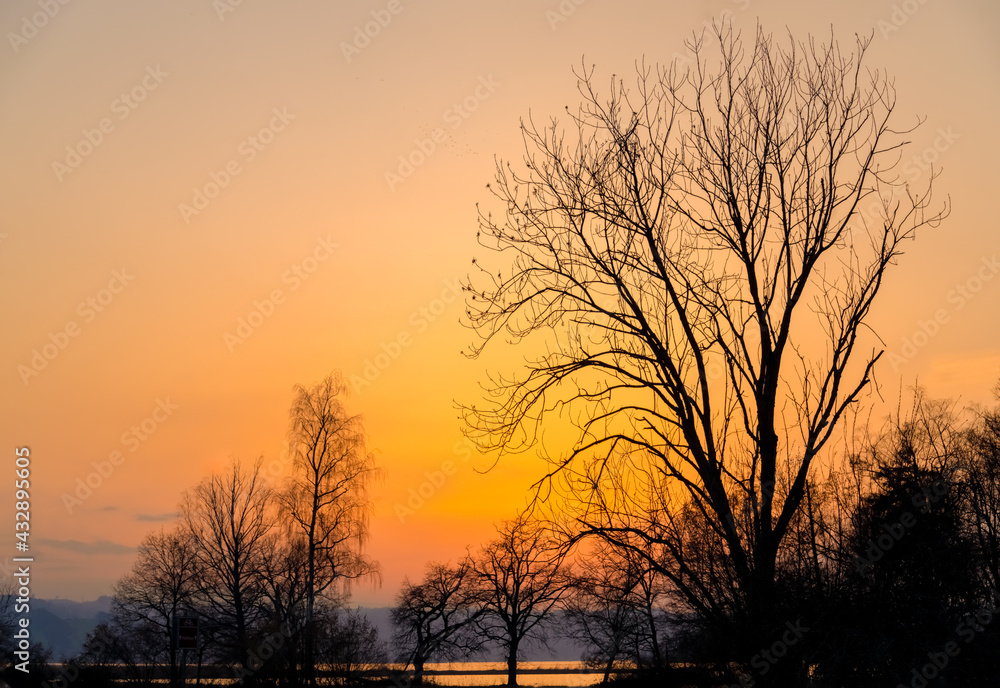 Stunning sunset over the islands of Ufenau and Lutzelau in Lake Zürich between Freienbach, Schwyz and Rapperswil, St. Gallen, in the Frauenwinkel protected area, Switzerland