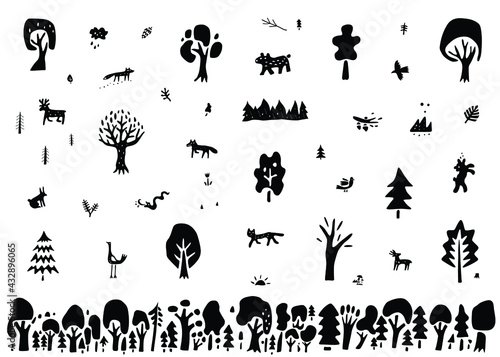 
forest trees animals vector icon set