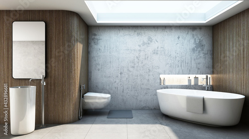 Bathroom design Modern and Loft Wood wall Bathtub Concrete wall drill a compartment for shower accessories The Ceiling drill the channel for sunlight to enter Concrete floors - 3D render