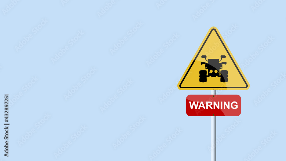 ATVs traffic sign. QUADS, 4WD, AWD, UTV Off-Road. DANGER signaling. Overhead valve engine. OHV. Image of yellow triangle hazard signage. Isolated road signal. ATVs traffic sign. QUADS, 4WD, AWD, UTV Off-Road. DANGER signaling. Overhead valve engine. OHV. Image of yellow triangle hazard signage. Isolated road signal.