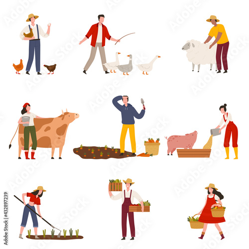 Farmers or Agricultural Workers Cultivating Plants, Feeding Livestock and Gathering Crops Vector Illustration Set