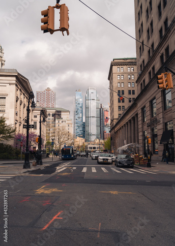 traffic in the city street buildings Brooklyn New York sky 