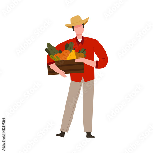 Man Farmer in Straw Hat Holding Wooden Crate with Ripe Vegetables Vector Illustration