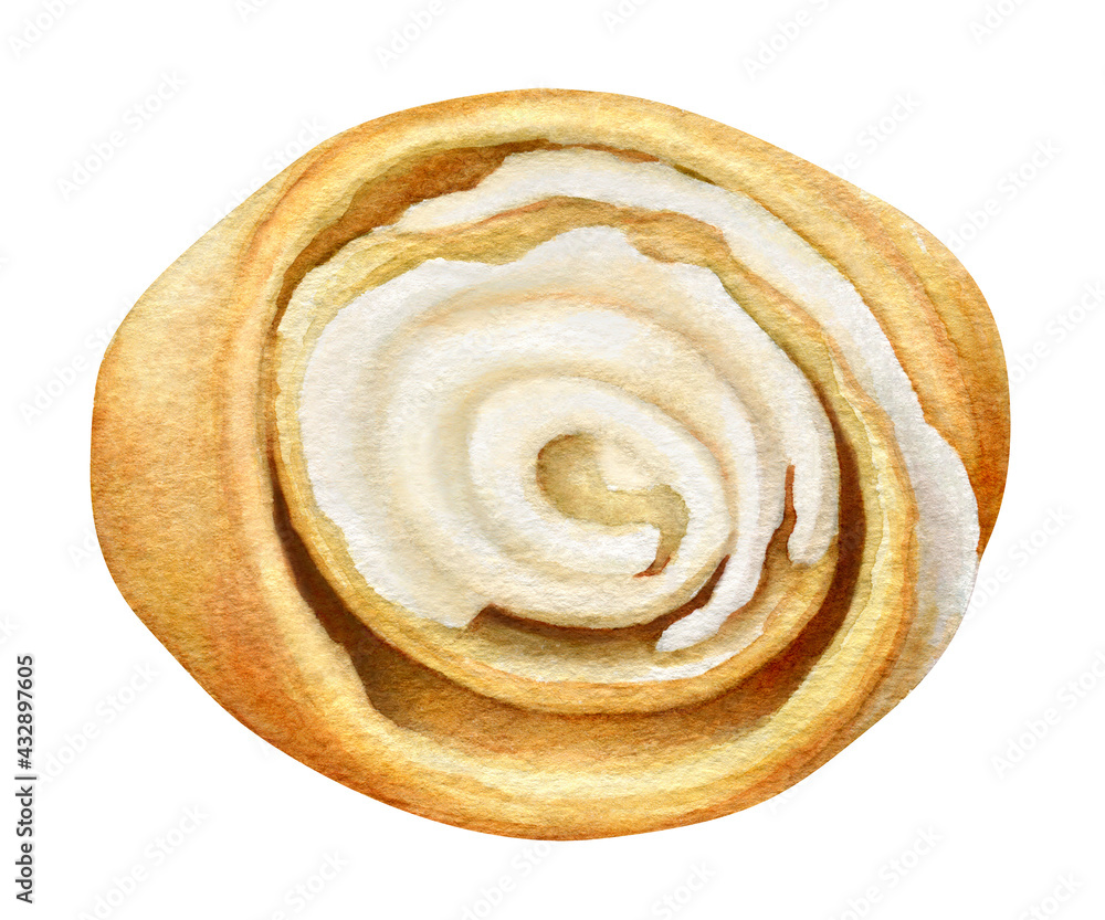 Watercolor illustration of the snail bun with icing. Watercolor illustration of the snail bun with icing.