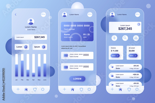 Online banking neumorphic elements kit for mobile app. Accounting in profile, financial statistics graph, credit cards. UI, UX, GUI screens set. Vector illustration of templates in glassmorphic design