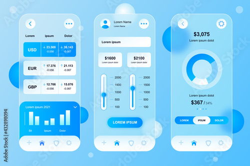 Finance neumorphic elements kit for mobile app. Online banking, currencies, statistics graphs, money in account. UI, UX, GUI screens set. Vector illustration of templates in glassmorphic design