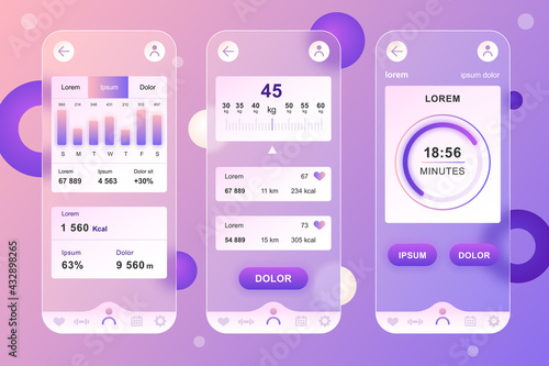 Fitness workout neumorphic elements kit for mobile app. Weight graph, calorie tracking, sports activity, timer. UI, UX, GUI screens set. Vector illustration of templates in glassmorphic design