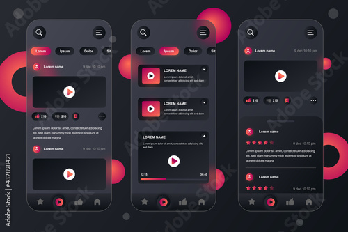 Video tube neumorphic elements kit for mobile app. Video player, live streaming service, multimedia content, feedback. UI, UX, GUI screens set. Vector illustration of templates in glassmorphic design