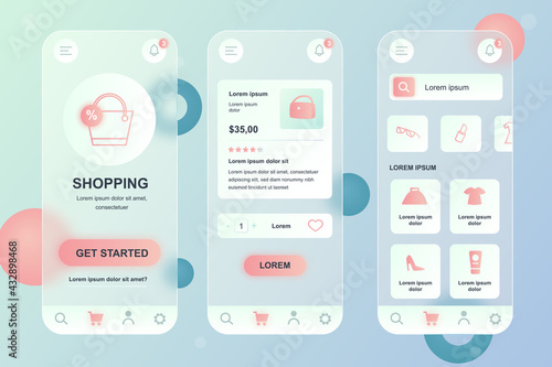 Mobile shopping neumorphic elements kit for mobile app. Store webpage, products with prices dashboard, feedbacks. UI, UX, GUI screens set. Vector illustration of templates in glassmorphic design