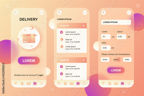 Delivery service neumorphic elements kit for mobile app. Registration parcels, tracking order, shipping, logistics. UI, UX, GUI screens set. Vector illustration of templates in glassmorphic design