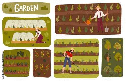 Garden Beds and Orchard with Man and Woman Farmer in Straw Hat Cultivating Soil and Pulling Weeds Vector Illustration Set