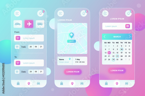 Delivery service neumorphic elements kit for mobile app. Tracking parcels on map, choosing type, date on calendar. UI, UX, GUI screens set. Vector illustration of templates in glassmorphic design