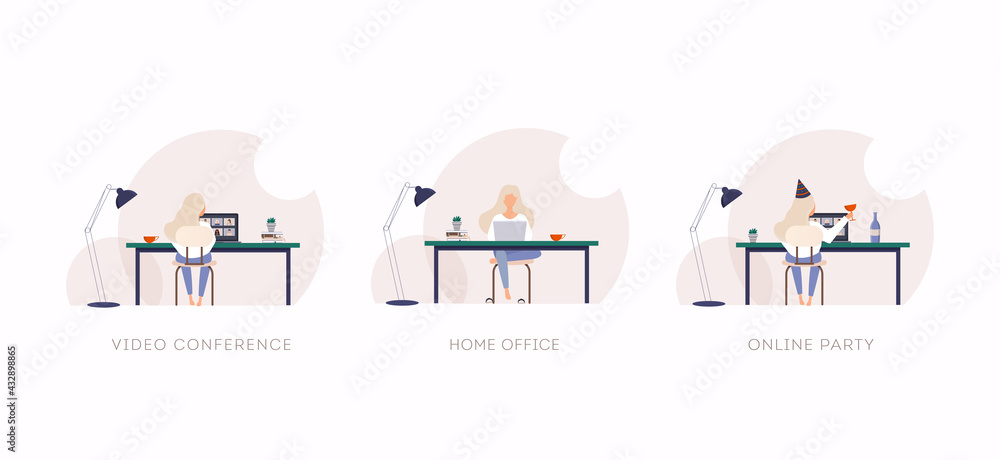 Young woman working on a computer, talking to her colleagues in Teleconference and have online party. Freelance or studying concept. Young woman working on a computer, talking to her colleagues in Teleconference and have online party. Freelance or studying concept.