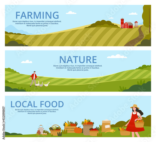 Organic Farming and Local Food Landing Page Template with Agricultural Fields and Ripe Crop Yield Vector Set