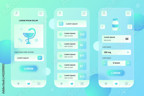 Medical services neumorphic elements kit for mobile app. Online pharmacy, list of medicines with prices, payment. UI, UX, GUI screens set. Vector illustration of templates in glassmorphic design