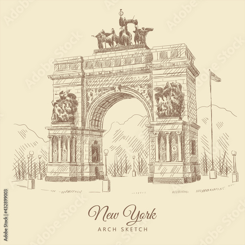 Sketch of the Arch in New York, USA, hand-drawn.