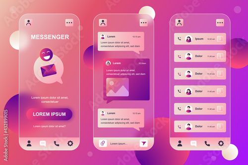 Messenger neumorphic elements kit for mobile app. Online communication, chatting, incoming and outgoing calls list. UI, UX, GUI screens set. Vector illustration of templates in glassmorphic design