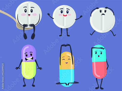 Set of funny pill characters. Vector illustration.