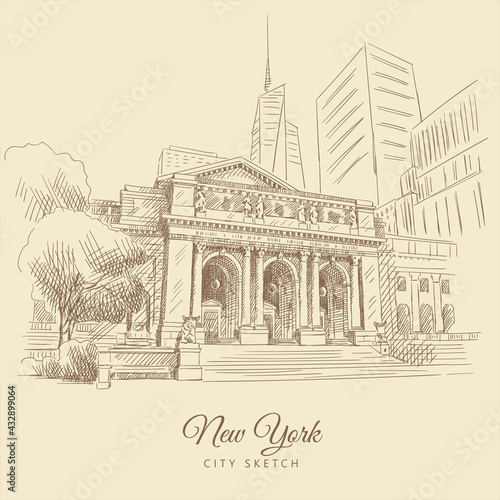 Sketch of a classic building and skyscrapers in the background  New York  USA  hand-drawn.