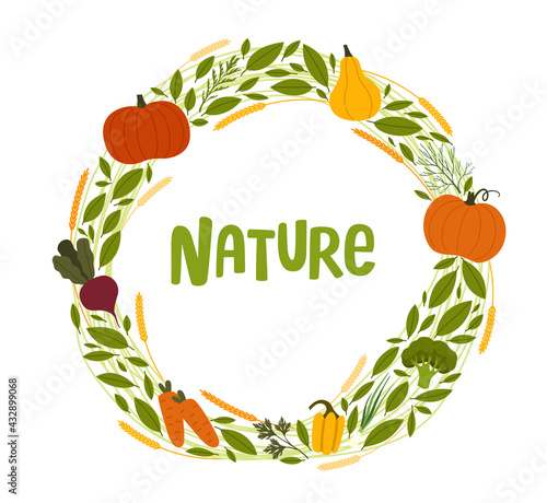 Wreath of Local Organic Food and Eco Products with Pumpkin and Greenery Vector Illustration