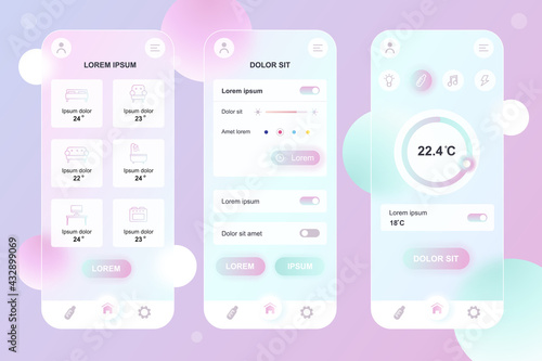 Smart home neumorphic elements kit for mobile app. Remote temperature control, light sensor settings, automation. UI, UX, GUI screens set. Vector illustration of templates in glassmorphic design