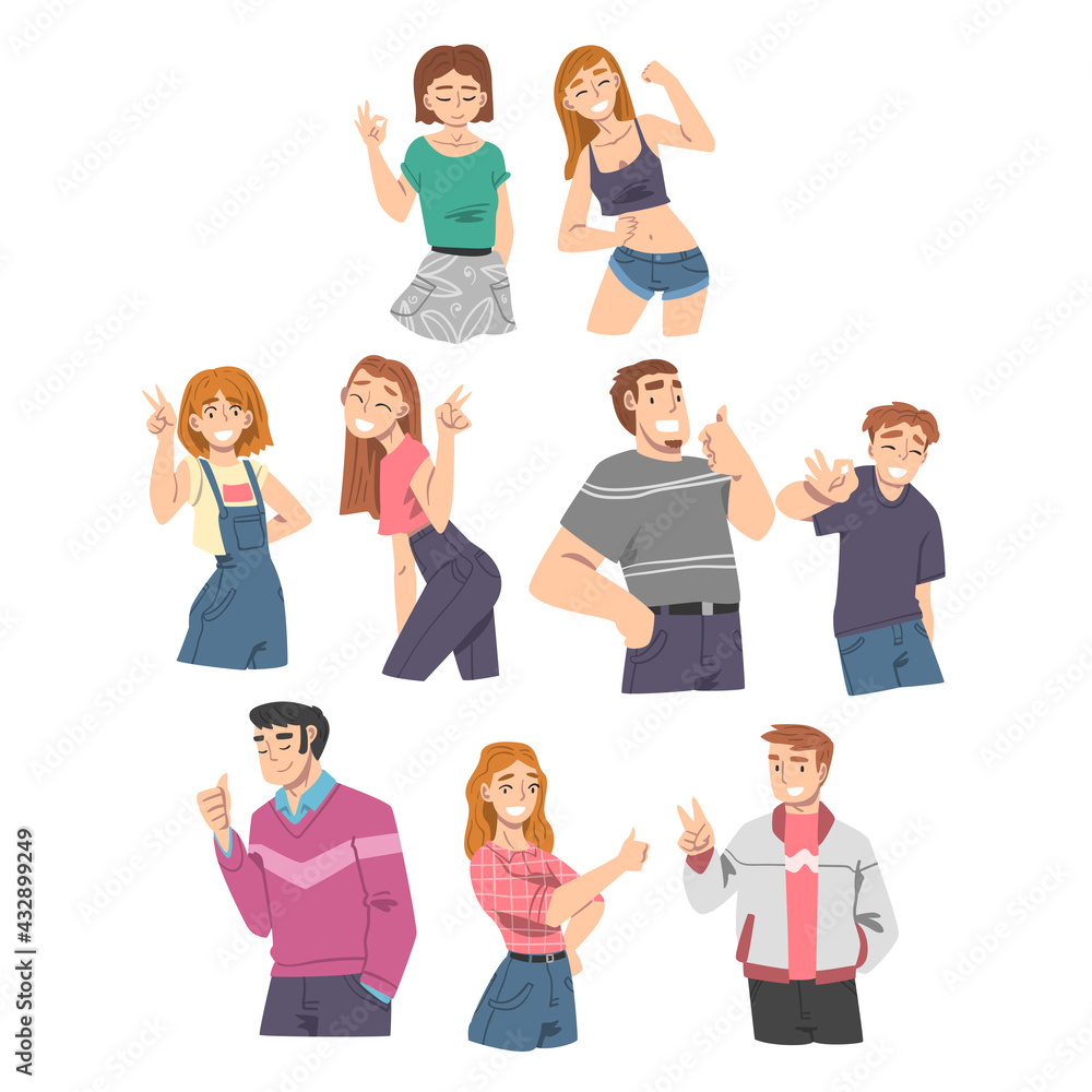 Smiling People Characters Showing Approving Gestures Like Fist Pump and Thumb Up Vector Illustration Set Smiling People Characters Showing Approving Gestures Like Fist Pump and Thumb Up Vector Illustration Set