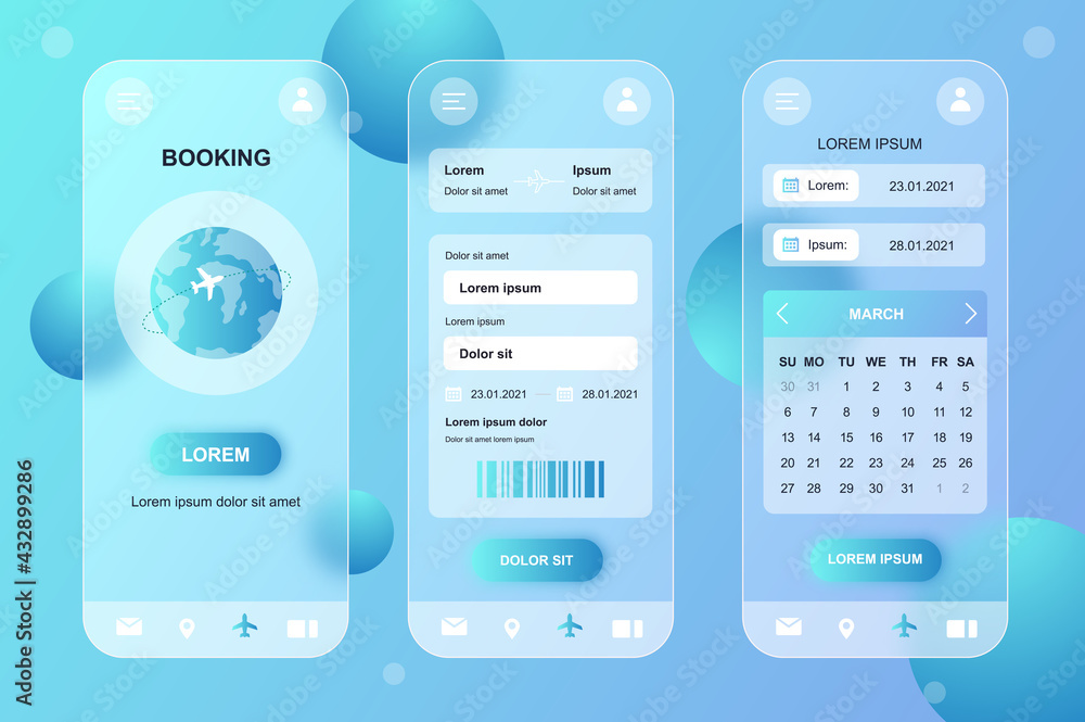 Travel booking neumorphic elements kit for mobile app. Airplane ticket buying, reservation, trip dates calendar. UI, UX, GUI screens set. Vector illustration of templates in glassmorphic design Travel booking neumorphic elements kit for mobile app. Airplane ticket buying, reservation, trip dates calendar. UI, UX, GUI screens set. Vector illustration of templates in glassmorphic design