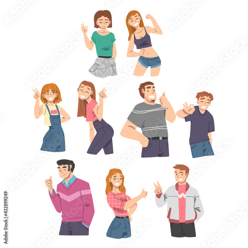 Smiling People Characters Showing Approving Gestures Like Fist Pump and Thumb Up Vector Illustration Set