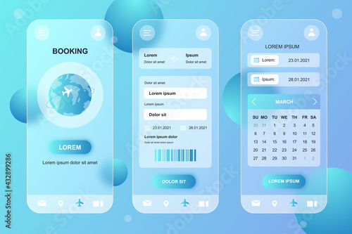 Travel booking neumorphic elements kit for mobile app. Airplane ticket buying, reservation, trip dates calendar. UI, UX, GUI screens set. Vector illustration of templates in glassmorphic design