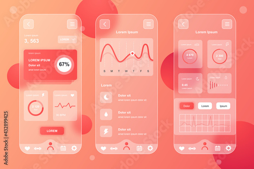 Health Tracking neumorphic elements kit for mobile app. Indicators of pulse, calories, sports activity, personal data. UI, UX, GUI screens set. Vector illustration of templates in glassmorphic design