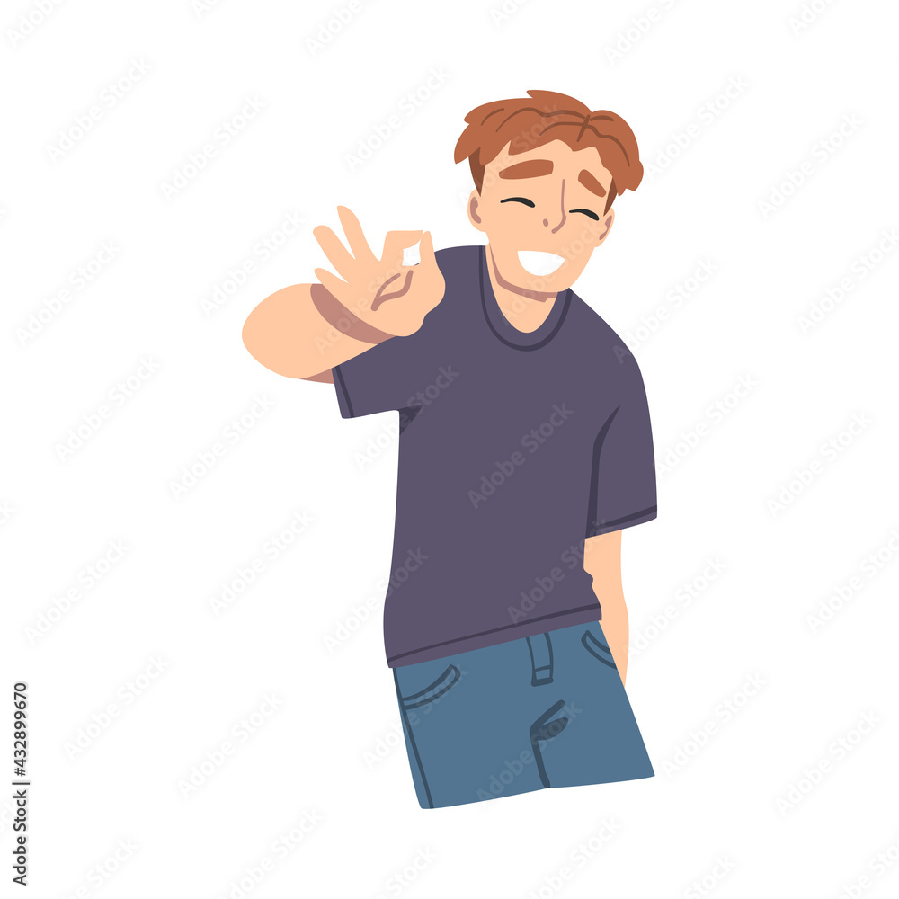 Smiling Male Showing OK Gesture as Approval or Agreement Sign Vector Illustration Smiling Male Showing OK Gesture as Approval or Agreement Sign Vector Illustration
