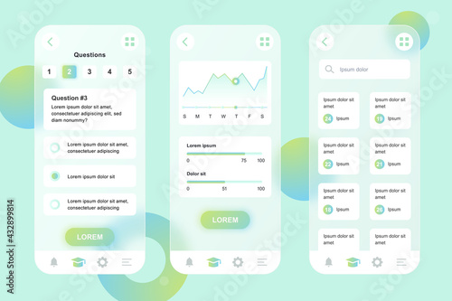 Online learning neumorphic elements kit for mobile app. Online exam form, study progress graph, course list, education. UI, UX, GUI screens set. Vector illustration of templates in glassmorphic design