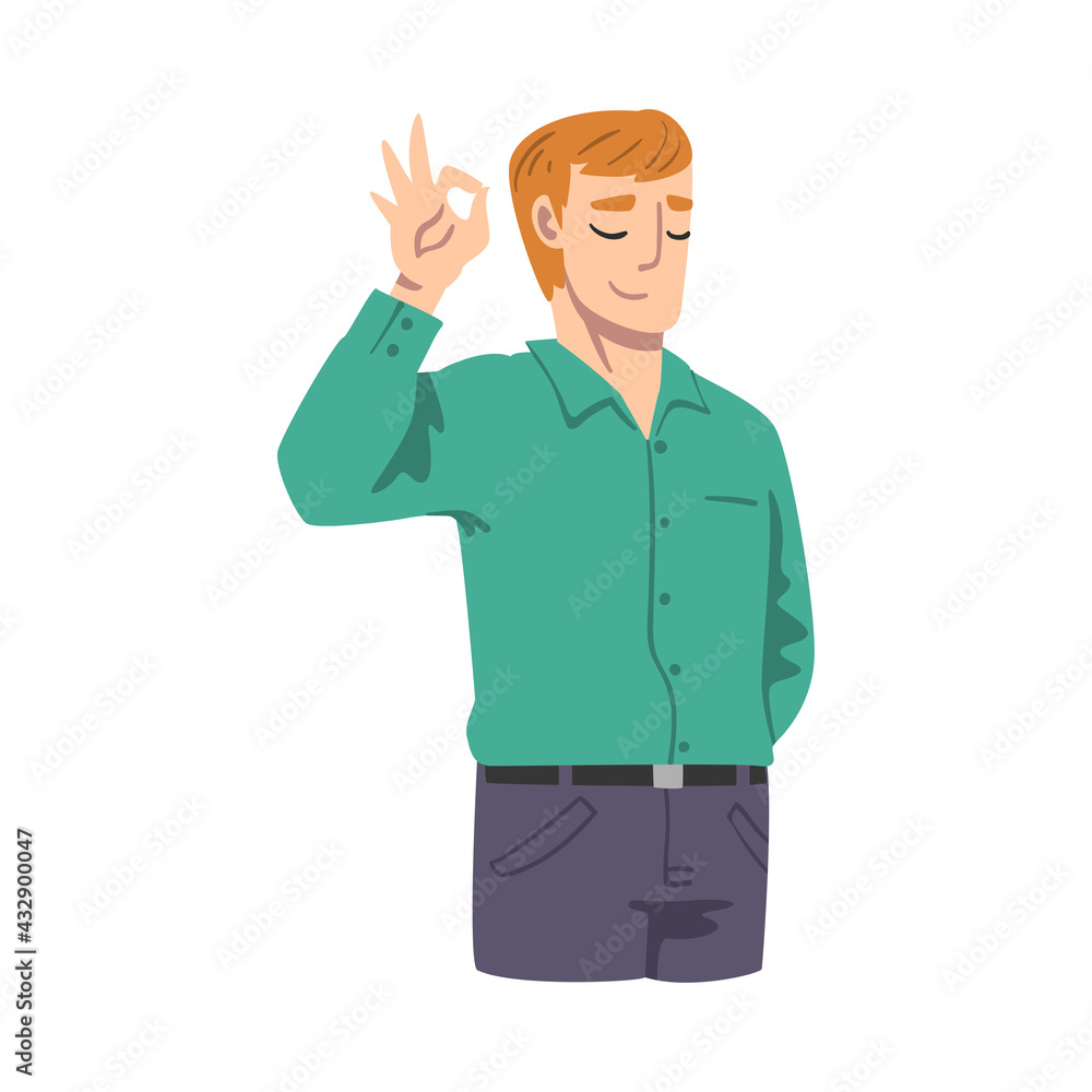 Smiling Male Showing OK Gesture as Approval or Agreement Sign Vector Illustration