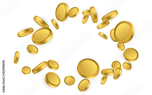 Realistic gold coins explosion isolated on white background. Vector illustration