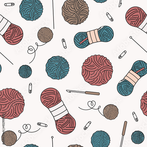 Threads and knitting needles pattern. Vector graphics. Isolated background.