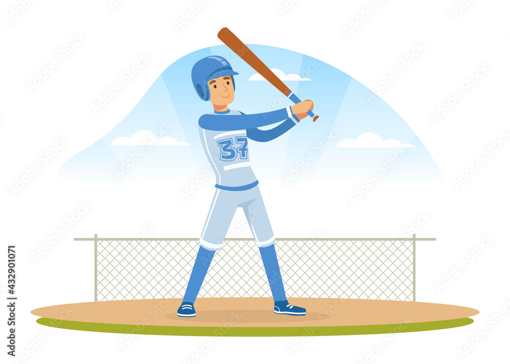 Young Man Character Playing Baseball or Bat-and-ball Game on the Field Vector Illustration