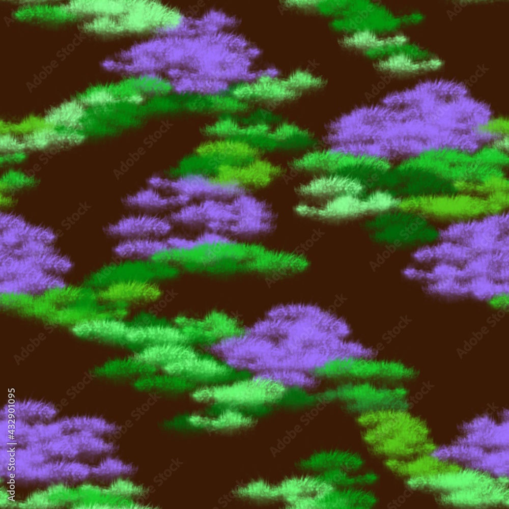 Seamless pattern of bright abstract elements of purple and green shades on a dark background for textiles. Seamless pattern of bright abstract elements of purple and green shades on a dark background for textiles.