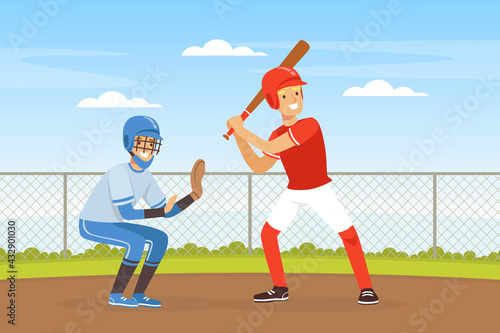 Young Man Character Playing Baseball or Bat-and-ball Game on the Field Vector Illustration