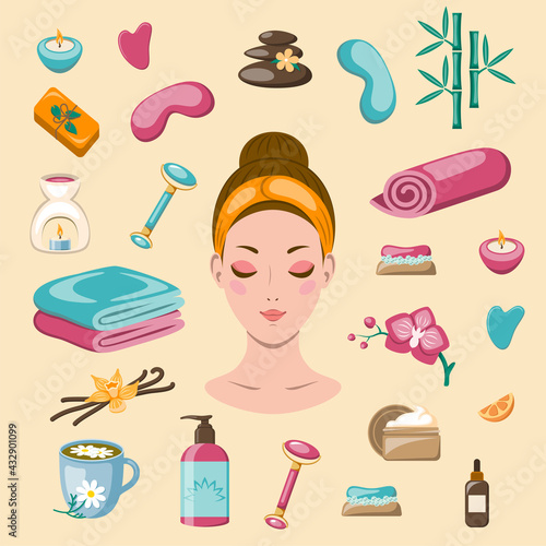 Set of elements of home spa, beauty, relaxation, beauty treatments. Set of the home spa accessories, face rollers towels, candles, tea, masks, soap, cosmetics, shampoos. Vector illustration.