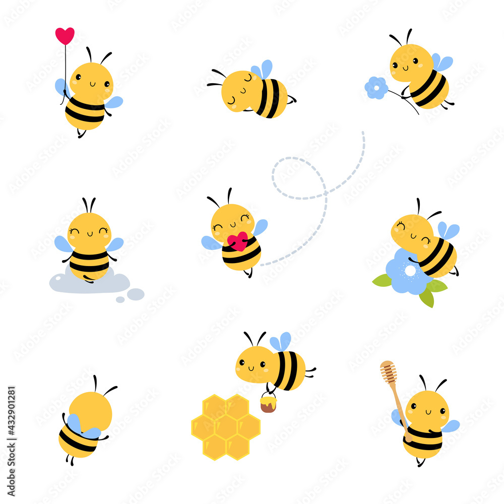 Cute Honey Bee Set, Lovely Flying Insects Cartoon Characters Vector Illustration Cute Honey Bee Set, Lovely Flying Insects Cartoon Characters Vector Illustration