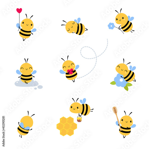Cute Honey Bee Set, Lovely Flying Insects Cartoon Characters Vector Illustration