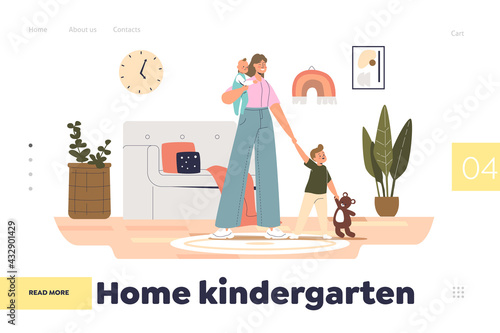 Home kindergarten concept of landing page with nanny babysitting small kids